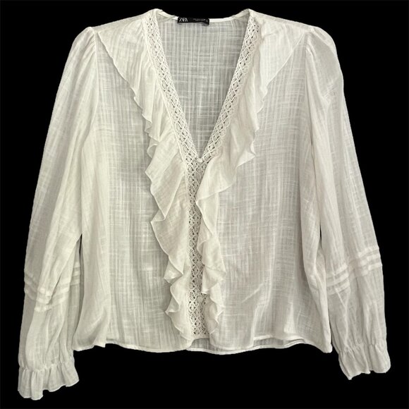 Zara Sheer Gauzy Ruffled Top Large Ivory Puff Sleeve Boho Peasant Fairy Blouse - Picture 11 of 11